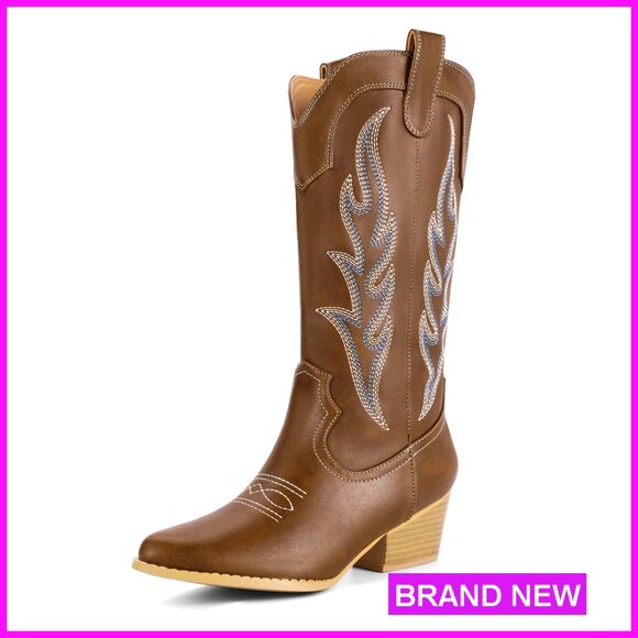 Shoes - Embroidered Cowboy Boots Chunky Heel Pointed Toe Western Fashion Booties
